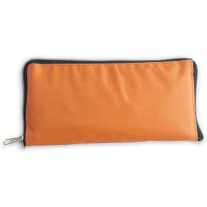 An orange foldable tote bag, zippered and compact, with a dark trim. It features a logo on its surface.