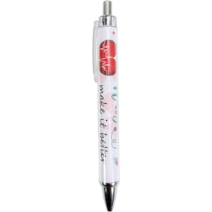 A ballpoint pen with a white body featuring colourful heart and heartbeat designs, and the text "make it better".