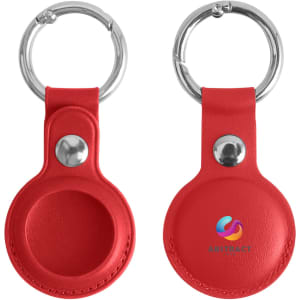 A red PU leather AirTag holder with a keyring, featuring a circular compartment and a logo on one side.