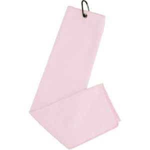 A pink waffle golf towel with a loop for easy attachment, featuring a textured surface.