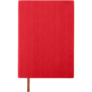 A red PU leather notebook with a textured surface and a wooden bookmark. It features branding on the cover.