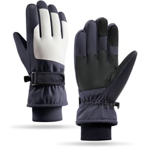 Ski gloves in navy blue and white with a textured grip, featuring adjustable wrist straps and a soft lining.