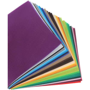 A collection of vibrant non-woven fabric sheets in various colours, arranged in an overlapping fan shape.
