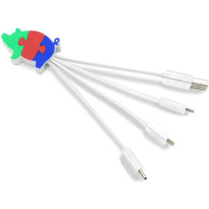 A custom PVC charging cable in the shape of a puzzle piece, featuring colours red, green, and blue, with multiple connectors.