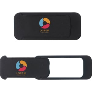 A black webcam cover featuring a logo, designed for privacy on tablets and laptops.