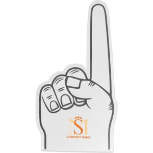 A giant foam hand in white and grey, featuring a raised finger and a logo in orange.