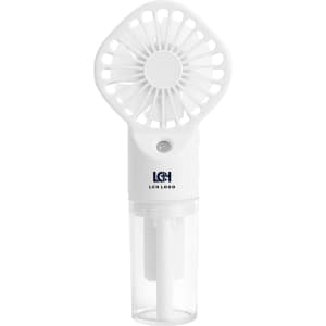 A handheld spray fan in white featuring a fan head and a transparent water reservoir, with a logo on the base.