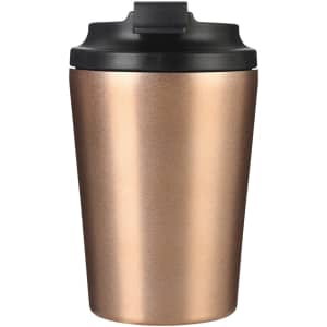A drink bottle featuring a spray-painted metallic bronze finish with a black lid and a logo.