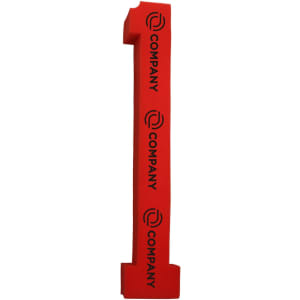 A red foam cheer stick shaped like the number one, featuring a simple logo.