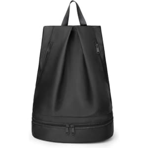 A black wet and dry separation backpack featuring dual zip compartments and a sturdy handle on top.