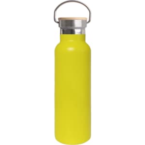 A drink bottle in bright yellow, featuring a bamboo lid and stainless steel accents.
