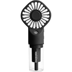 A handheld spray fan in black with a transparent water reservoir at the bottom and a logo.
