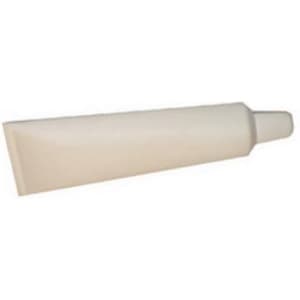 A white toothpaste-shaped stress reliever with a tapered end, featuring a logo on one side.