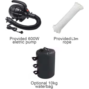 A black electric pump, a white rope, and a black waterbag are displayed. The items are related to an inflatable product.