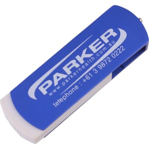 A blue and white flash drive featuring a logo. The design includes a clip for easy attachment.