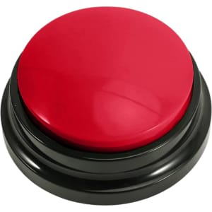 A red voice recording button on a black base, featuring a glossy finish. There is a logo on the base.