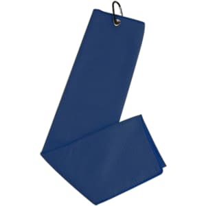 A blue waffle golf towel with a clip for attachment. It has a textured surface and is folded.