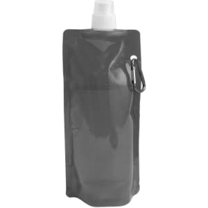 A drink bottle in a sleek grey design with a screw cap and a clip for easy attachment.