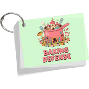 A set of light green index cards on a ring featuring a whimsical baking-themed illustration.