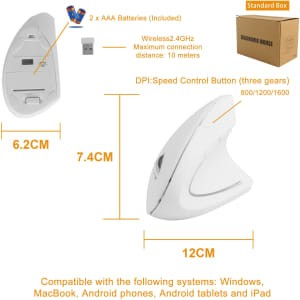 An ergonomic wireless mouse in white, featuring speed control buttons and a USB receiver, included in a standard box.