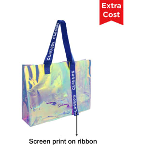 A colourful transparent PVC tote bag with a reflective surface and blue ribbon handles featuring a logo.