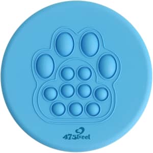 A blue fidget frisbee featuring a paw print design with raised bubbles, and a logo on the bottom.