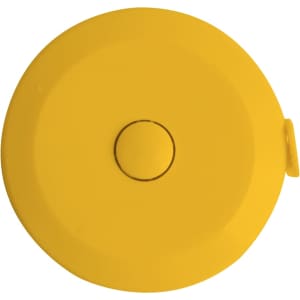 A yellow round tape measure with a button for retracting, featuring a simple design and a branding logo.