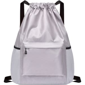 A drawstring backpack in light grey with a textured finish and a front zip pocket. It features adjustable black straps and a logo.
