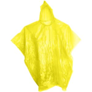 A yellow poncho made of lightweight material, featuring an attached hood and loose-fitting design.