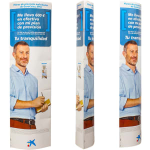 A tall, vertical cardboard display stand featuring a man holding a drink bottle, primarily in white with blue accents.