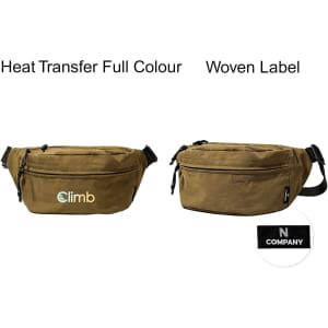 A large bum bag in khaki colour with a woven label and a logo on the front.