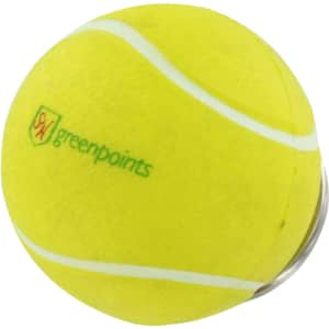 A yellow tennis ball stress item with white stripes, attached to a metal keyring. Features a logo.