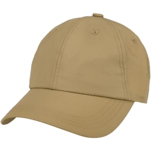 A lightweight cap in a light tan colour featuring stitching details and a simple design. It has a logo on the side.