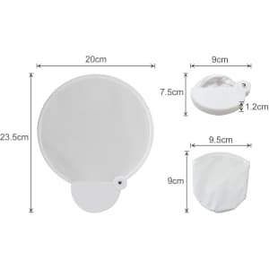 A foldable fan measuring 20cm in diameter, featuring a white design. Includes dimensions for storage.