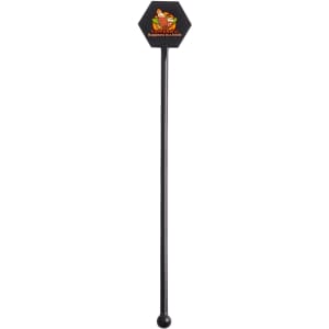 A black cocktail drink stirrer with a hexagonal top featuring a logo.