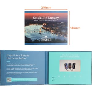 A 4.3-inch LCD video brochure with a scenic river cruise cover, featuring a logo and a blue interior.
