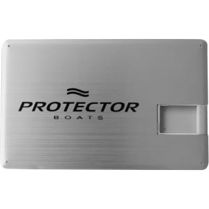 A sleek silver USB flash drive with an integrated swivel cover and a logo on the surface.