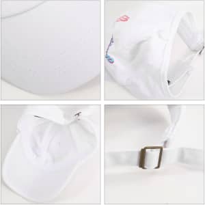 A white ponytail top hat with detail on the brim and adjustable strap, featuring a logo.