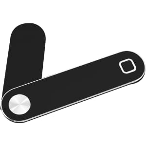 A black laptop extension arm with a sleek design and a metallic circular button. It features a minimalist style.