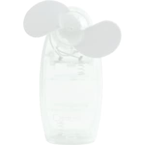 A transparent handheld fan with white blades, featuring a logo on the body.