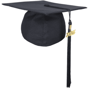 A black mortarboard graduation cap with a 2025 tassel. The cap features a logo on its side.