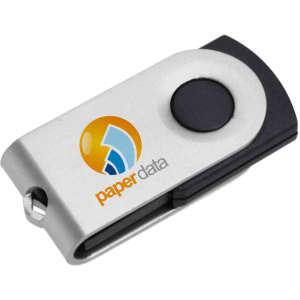 A silver and black Mini Belton Flash Drive with a circular button and a logo.