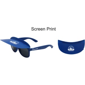 Blue visor sunglasses with a foldable front shield, featuring a logo on the side.