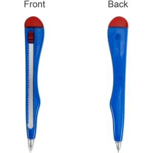 A knife-shaped ballpoint pen in blue and red, displaying both front and back views. Features a logo.