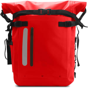 A bright red waterproof roll top backpack with adjustable straps and reflective details. It features a logo.