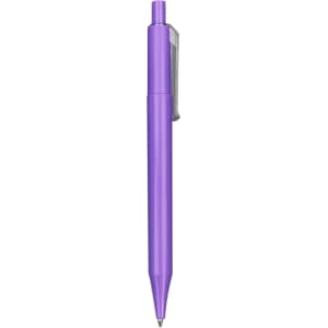 A purple plastic pen with a clip, featuring a smooth barrel design and a fine tip. It has a logo on the side.