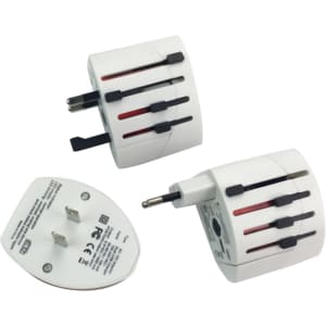 A white travel adapter with multiple plug options and a USB port, featuring a logo on the surface.