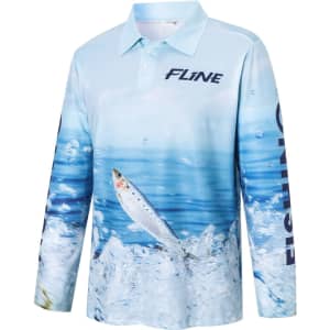 A light blue long-sleeve polo shirt featuring a fishing design and a logo on the sleeve.