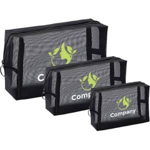 A set of three black nylon mesh cosmetic bags with a logo on the front.