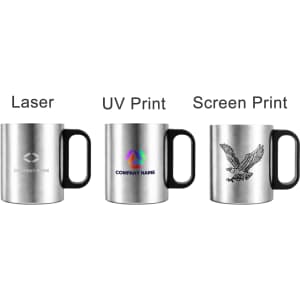 A drink bottle featuring three stainless steel insulated mugs with black plastic handles, each displaying different print designs.